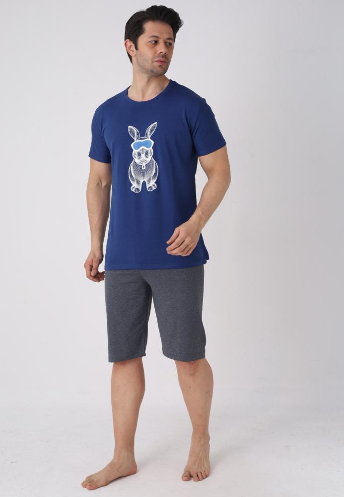 Pijama barbat cu maneca scurta si pantaloni 3/4, culoare bleumarin, Engros